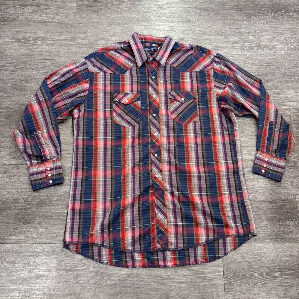 Wrangler Shirt Mens 18 Blue Plaid X Long Tails Long Sleeve Button Western Rodeo